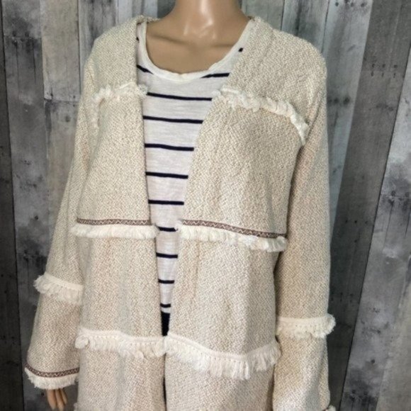 Fringe Accent Open Front Cream Boho Sweater NEW Size Large NWT - Picture 4 of 11